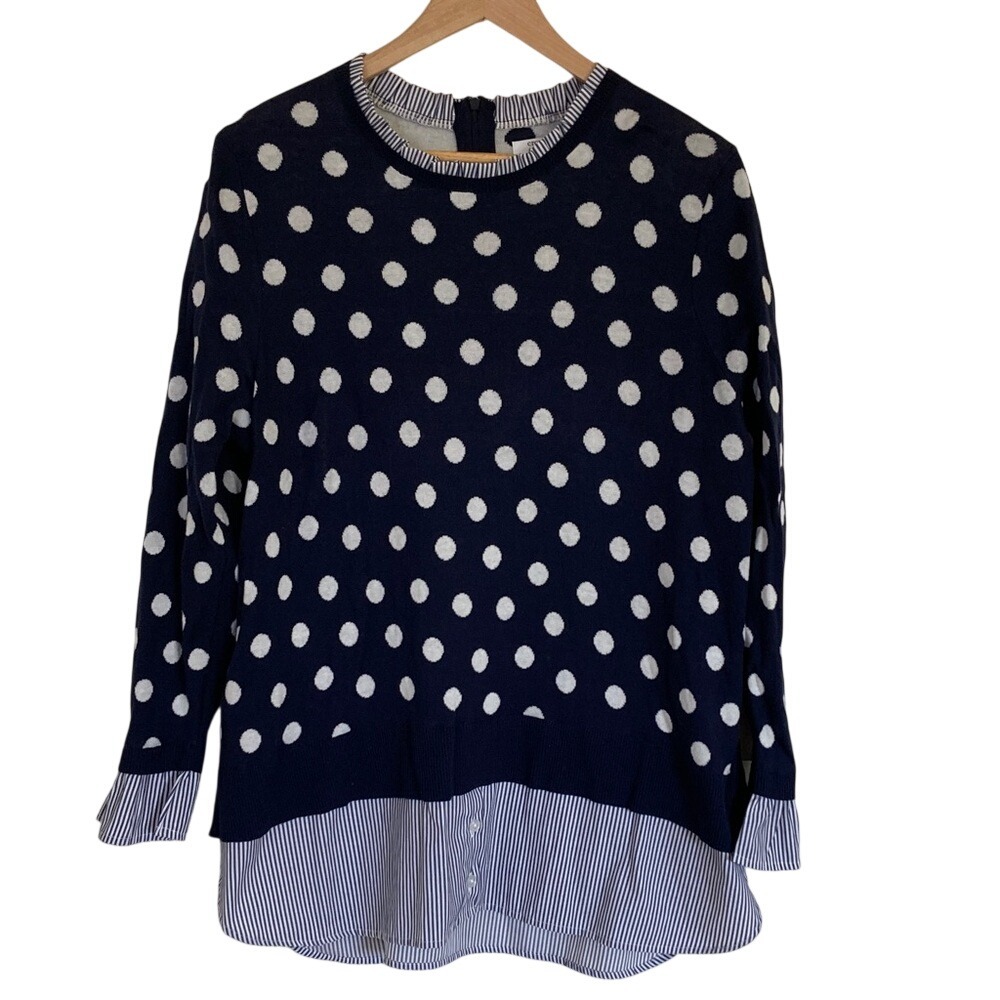 Crown & Ivy Womens Polka Dot Layered Hem Sweater Size 1x‎ Navy White Plus Preppy